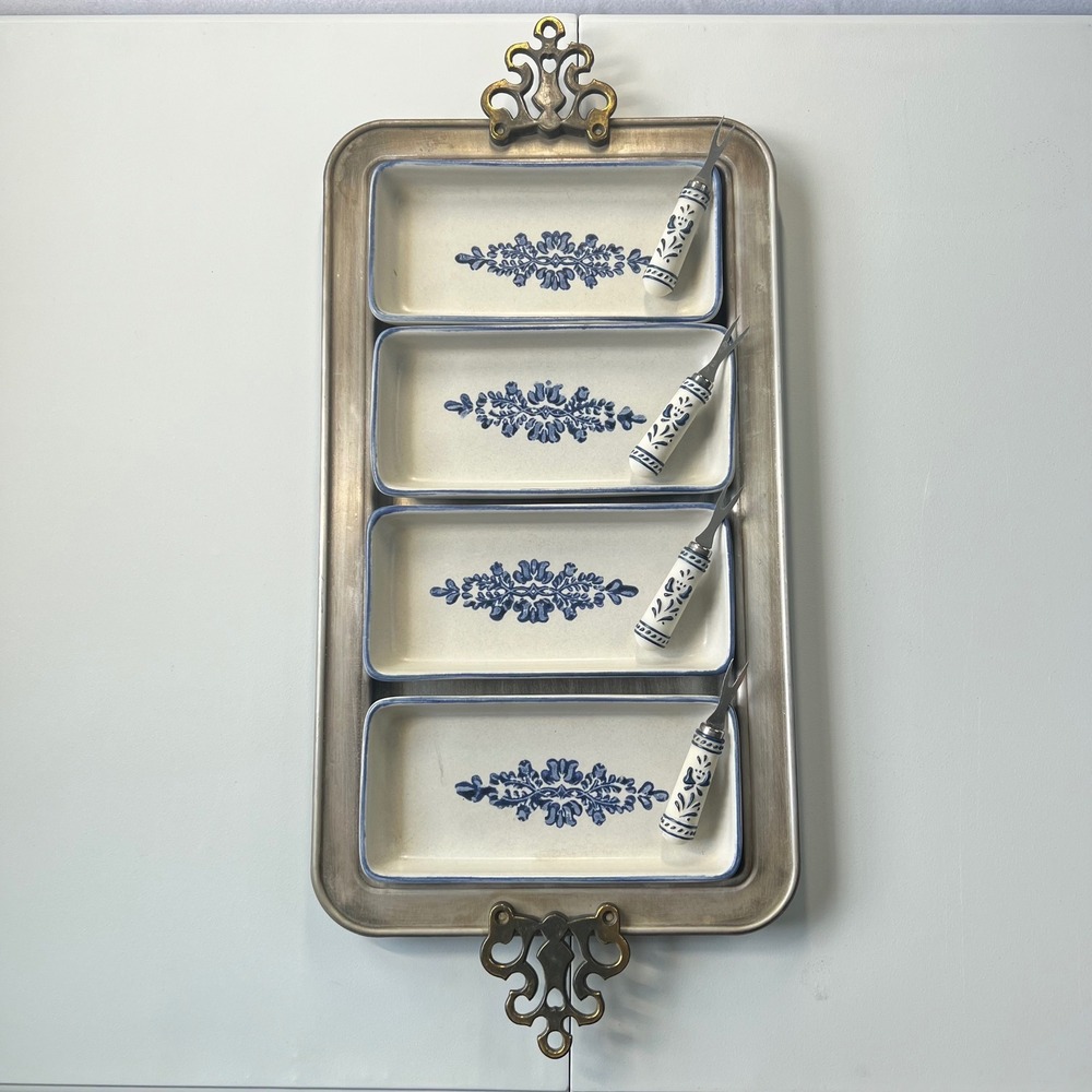 Vintage Serving Tray Metal and Ceramic Blue White Floral 9pc Platter Cottagecore